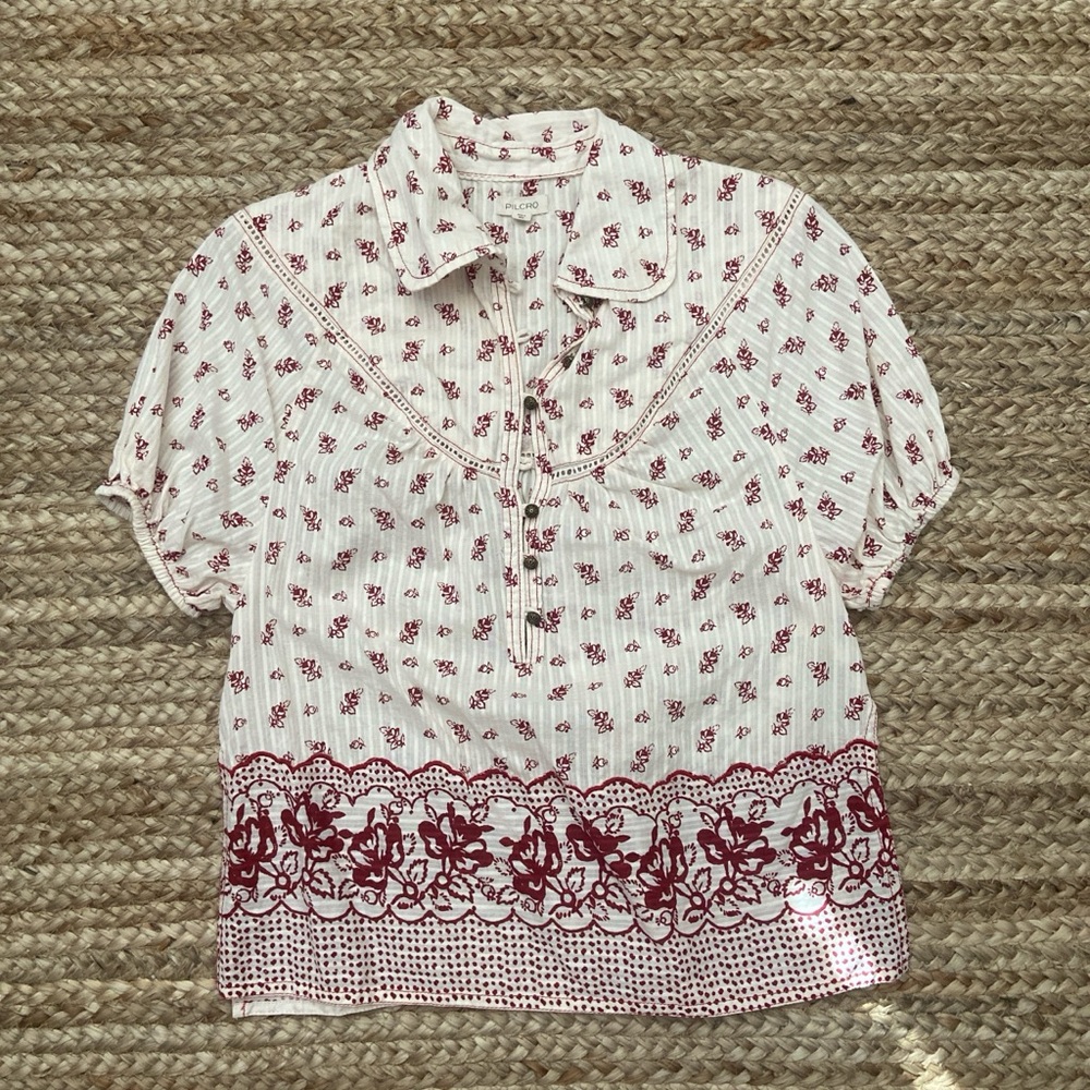 Anthropologie Cream/Red Floral Boarder Print Puff Sleeve Top